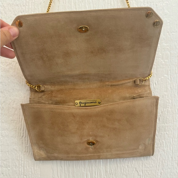 Fragiacomo purse clutch leather suede bag gold tone chain taupe Made in Italy - Picture 2 of 13